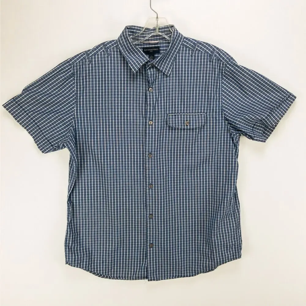 Banana Republic Short Sleeve Button-Up Shirts Men's Large 16 Lot of 2 Check Blue